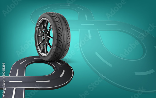 Car wheel on an advertising background. Asphalt road in the form of an infinity sign. Freeway in perspective. Advertising banner for the sale of tires. No text. Sale. Black Friday. Discount.