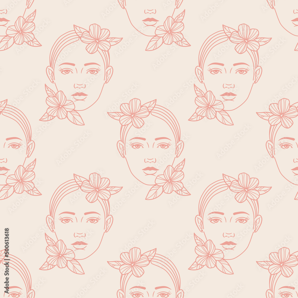Female portrait vector repeat pattern, beauty theme, illustrated face with flowers, pink repeat tile Female portrait vector repeat pattern, beauty theme, illustrated face with flowers, pink repeat tile