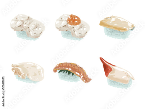 japanese sushi food watercolor paint set isolated on white background