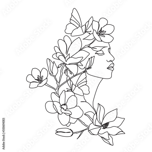 Woman face with butterfly and  Flower. Abstract face with butterfly by one line vector drawing. Portrait minimalistic style. Botanical print. Nature symbol of cosmetics.