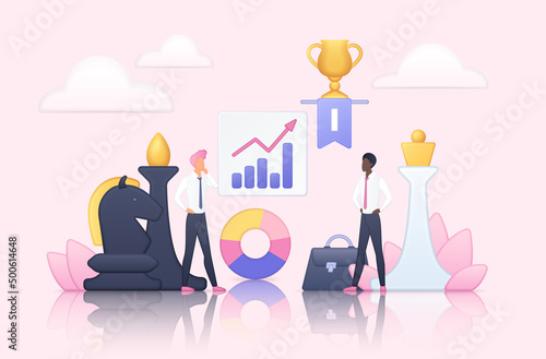 Business strategy and communication, conflict and competition between corporate leaders. Chess game of tiny businessman, plans accomplishment flat vector illustration. Career, challenge concept