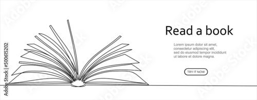 Open book with continuous one line drawing with flying pages. Illustration of educational supplies back to school theme for website landing page. Order a banner for one line drawing.