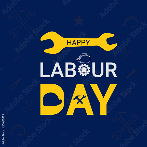 Happy labor day with wrench and helmet holding tool