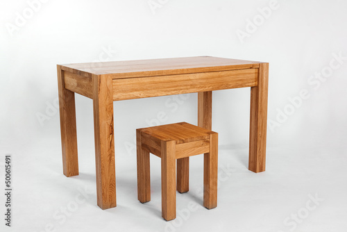 handmade wooden table on a white background with all the details