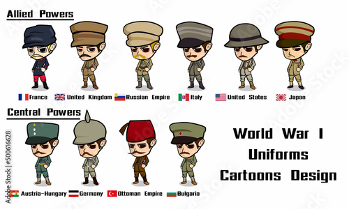 world war 1 Allied Powers France United Kingdom Russian  Italy United States  Japan Central Powers  Austria Hungary Germany Ottoman Empire Bulgaria uniforms Cartoons Design  photo