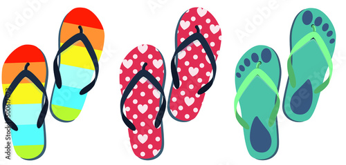Summer flip flops set isolated on white. Three pairs of multicolor flip flops