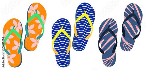 Summer flip flops set isolated on white. Three pairs of multicolor flip flops