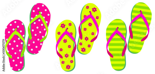 Summer flip flops set isolated on white. Three pairs of multicolor flip flops