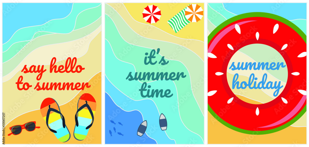A set of summer vector illustrations with elements of recreation at sea. Sea waves, swimming ring, towel, glasses, flip flops. Backgrounds are ideal for prints, flyers, banners, invitations