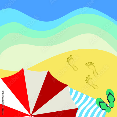 Top view of beach with waves, umbrella, flip flops and rubber ring. Summer background vector illustration