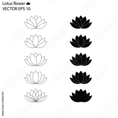Lotus flower vector EPS 10. Flower set icon isolated on white. Water lily outline and silhouette logo, sustainable consumption or eco concept, salon and spa logotype.