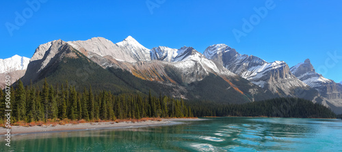 Canadian rocky mountains along Lake Maligne in Jasper national park, Canada.