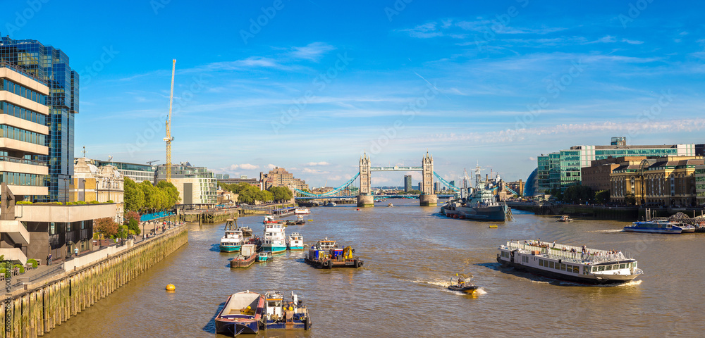 Tower Bridge and HMS Belfast warship in London