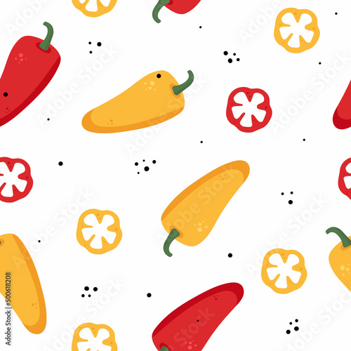 Bell pepper seamless pattern on white background. Yellow and red paprika, slices. Vector illustration