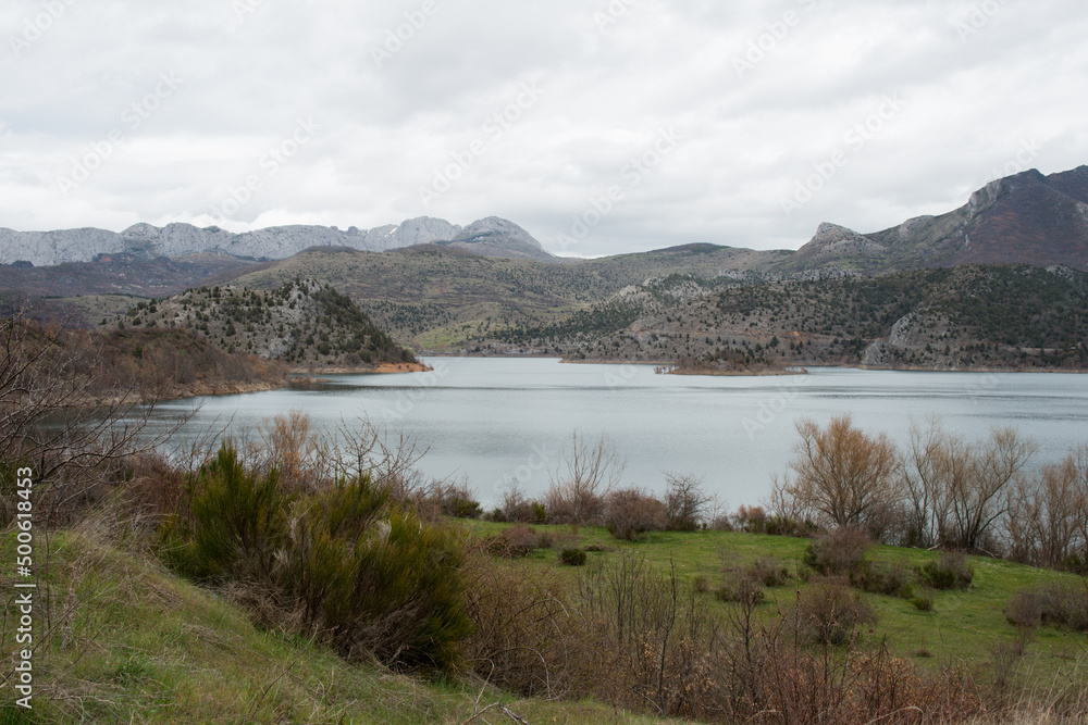 Panoramic view of the mountains around the water reservoir at Caldas de Luna, between Asturias and Leon. Spain.