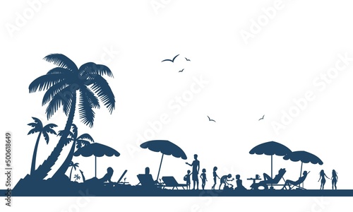 People having fun on the beach summer tourism and travels. Crowd of people silhouettes vector illustration.