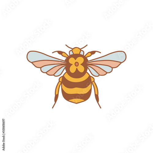 Obraz na płótnie Retro 70s 60s Summer Floral Honeybee with blue pink wings vector illustration isolated on white