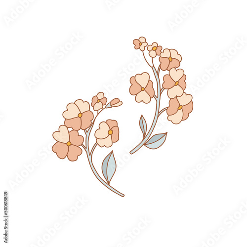 Retro 70s 60s Summer Hippie Gentle Flower arrangement vector illustration isolated on white. Boho Retro colours Floral Flower Power vibes print for tee shirt or fashion fabric.