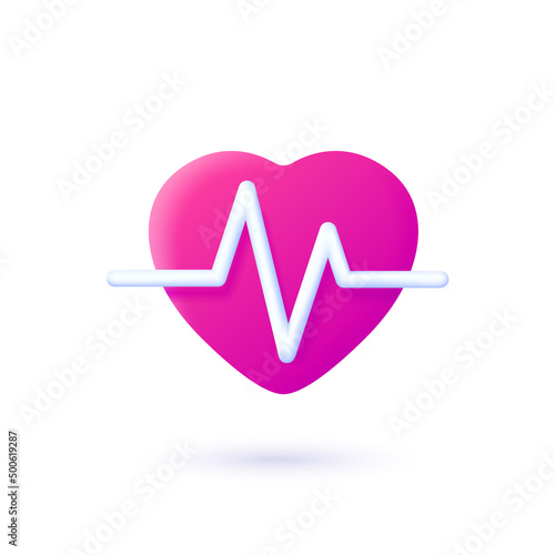 Realistic pulse 3d for medical design. Red heart. Isolated object. 3d sign. Heart wave. Vector isolated design element