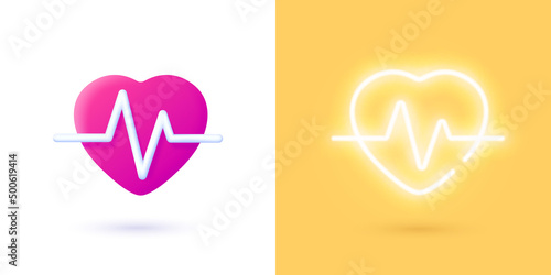 Pulse neon, great design for any purposes. Realistic pulse 3d for medical design. Red heart. Isolated object. 3d sign. Heart wave. Vector isolated design element