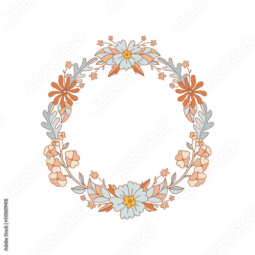 Retro 60s 70s Flower wreath vector illustration isolated on white. Boho hippie groovy Floral round frame. Summer Flower Power vibes arrangement for tee shirt print.