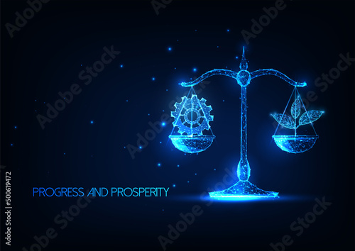 Futuristic business management, progress and prosperity concept with balance scales, gear, plant