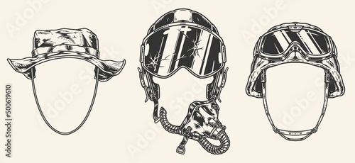 Military helmets set monochrome vintage