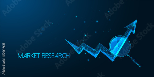 Futuristic market research concept with glowing low polygonal magnifying glass and data growth arrow