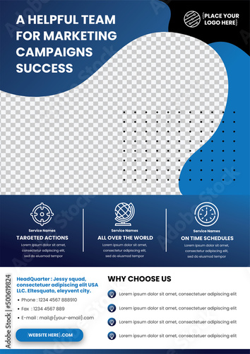 Modern brochure template, flyer design vector template, poster design layout space for photo background, vector illustration template in A4 size, in blue color