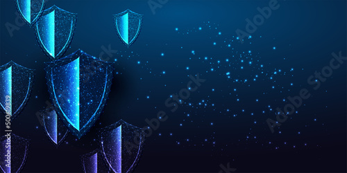 Futuristic cyber security, protection concept banner with glowing shields, copy space on dark blue 
