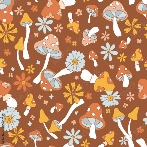Retro 70s 60s Floral Hippie Mushrooms Summer Groovy Flower Power vector seamless pattern. Boho retro colours whimsical fly agaric dark background fungus surface design.