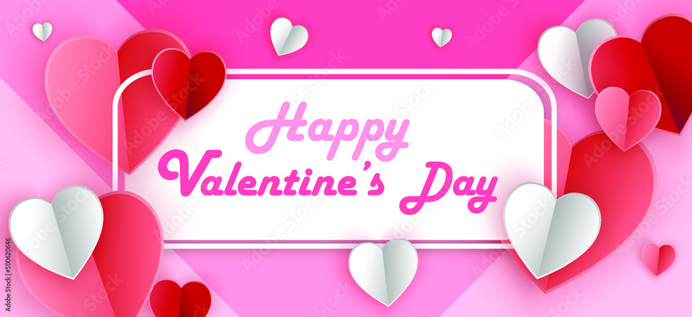 Happy valentines day typography vector design with paper balloons in the sky red pink heart shape cut white clouds vector image of love