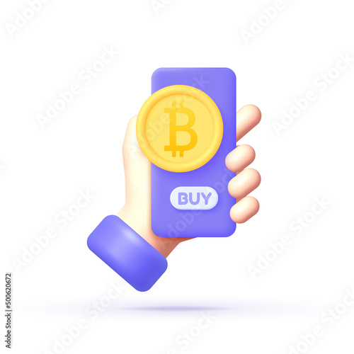 Golden bitcoin smartphone in 3D style. Bitcoin smartphone, great design for any purposes. Digital marketing concept. Vector illustration 3d