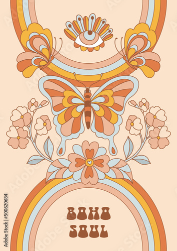 Retro 70s 60s Hippie Groovy Rainbow Flower Butterfly Evil Eye vector illustration. Boho soul pharase. Bohemian Summer Flower Power Flower child poster.