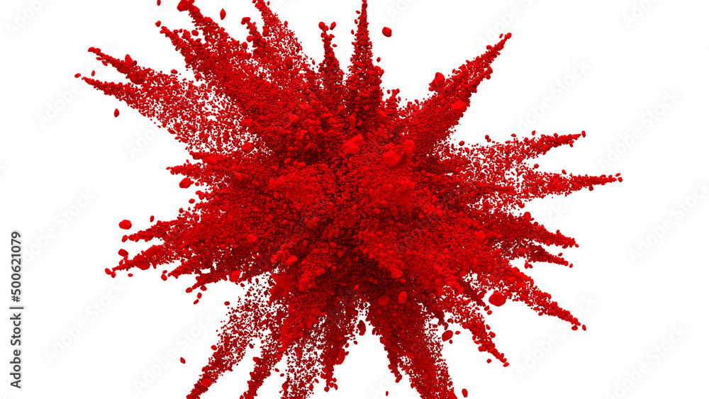 red powder on white background. Powdered explosion, isolated on white