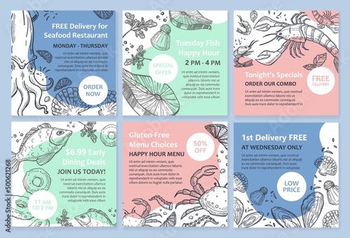 Seafood offer for restaurant, social media post set