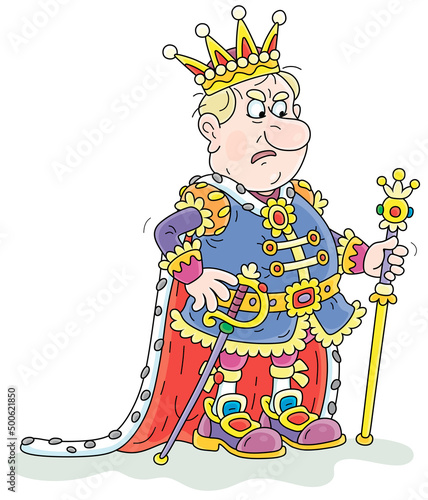 Angry king in a golden crown and solemn royal attire at a palatial ceremony in a palace, vector cartoon illustration isolated on a white background