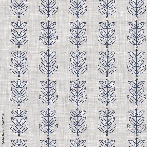 French blue botanical leaf linen seamless pattern with 2 tone country cottage style motif. Simple vintage rustic fabric textile effect. Primitive modern shabby chic kitchen cloth design.