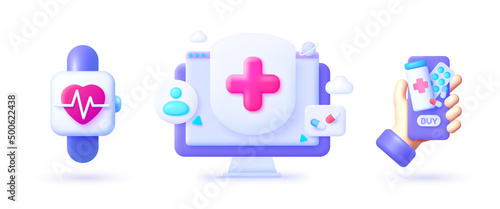 Medical 3d illustration set. Pulse smart, great design for any purposes. Pharmacy vector graphic. Collection for web design. Vector illustration