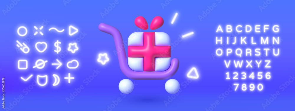 Obraz premium 3d gift cart neon for banner design. Realistic 3d vector. Realistic card on blue backdrop. Vector 3d illustration