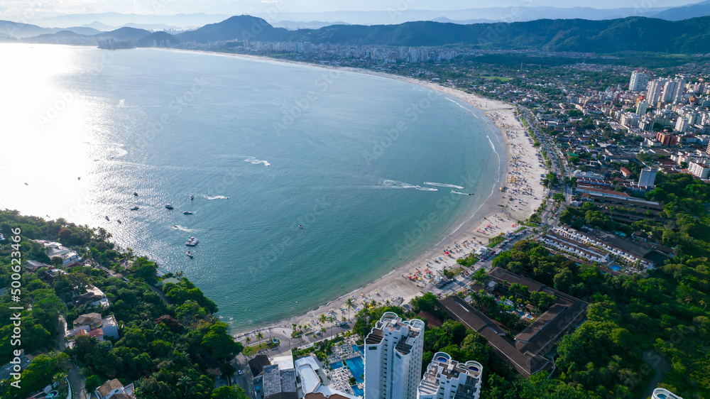 Aerial view of Enseada beach in Guarujá, Brazil.