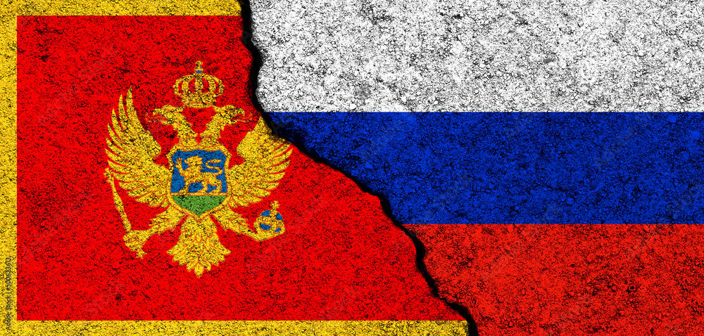 Russia and Montenegro flags background. Diplomacy and political, conflict and competition, partnership and cooperation concept photo