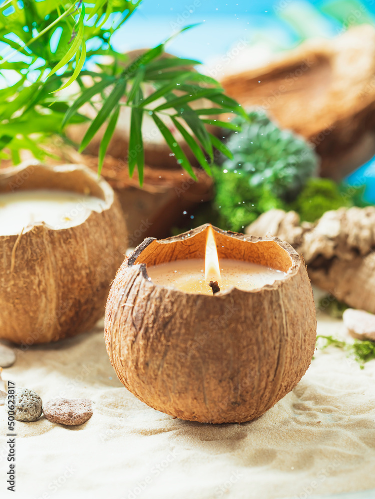 Original decorative handmade natural soy wax candle in a coconut. Candle in a coconut shell. Spa aroma candlet.