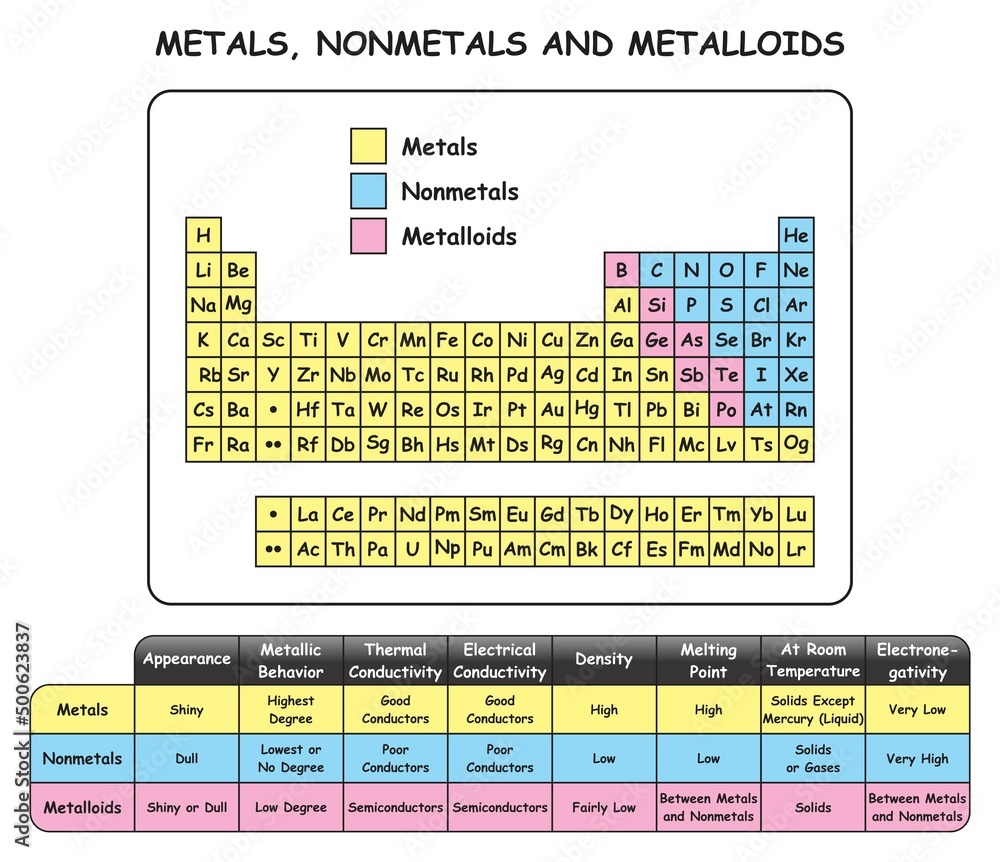 Vecteur Stock Metals Nonmetals and Metalloids Infographic Diagram showing  their location in the periodic table of elements and comparison table of  their properties for chemistry science education vector | Adobe Stock
