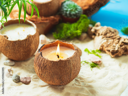 Original decorative handmade natural soy wax candle in a coconut. Candle in a coconut shell. Spa aroma candlet.