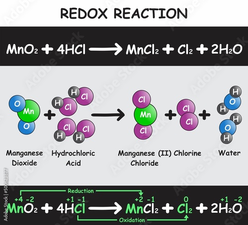 Redox Reaction Infographic Diagram with example of manganese dioxide reacting with hydrochloric acid producing manganese chloride chlorine and water for chemistry science education poster vector