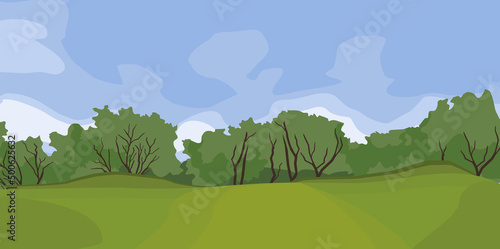 Abstract summer landscape with green forest on horizon and blue sky