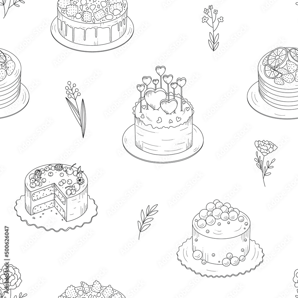 Seamless pattern with various cakes of the pastry shop. Doodle elements on white. Sketch, outline with simple shapes and lines.