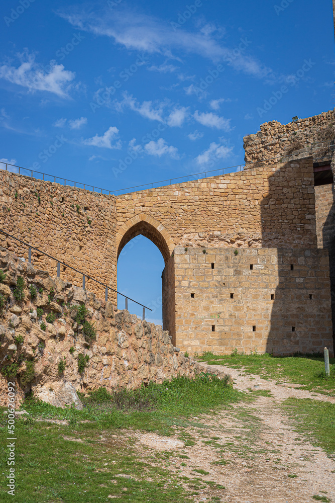 Camino hacia el arco y muros de un castillo en ruinas