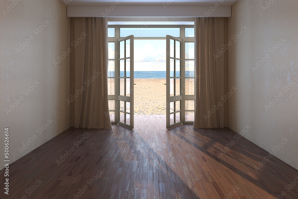 Obraz premium Empty Hotel Room with Sea View. Interior with Beige Curtains, Open Door Overlooking the Beach, Yellow Sand and Clouds. Dark Parquet Floor and Beige Plaster Walls. 3d rendering, 8K Ultra HD, 7680x5121